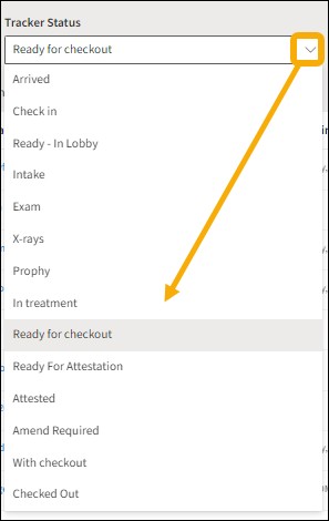 Tracker Status with yellow highlight box around the drop down arrow and a yellow arrow pointing downwards in the list.